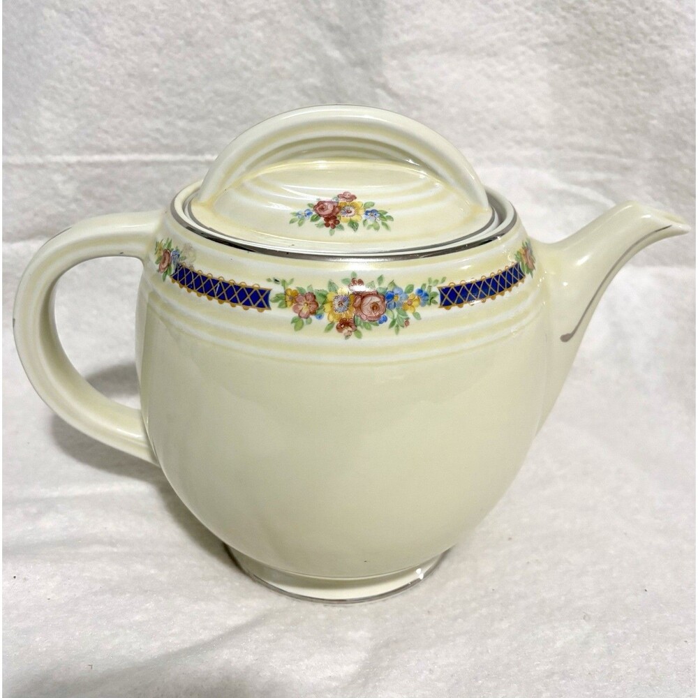 Vintage Hall Blue Bouquet Large 11” Coffee Pot Floral Platinum Trim USA